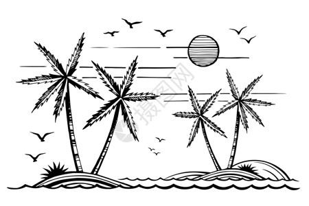 海鸥岛岛上的棕榈树和海中的海鸥插画