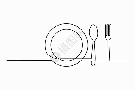 银色叉子和盘子清洁板 勺子 叉子和刀的连续线画 一线艺术概念用于餐厅和咖啡厅 矢量插图插画