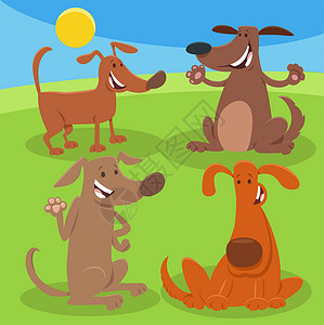 卡通漫画狗和小狗动物角色组家畜绘画设计公园收藏插图尾巴快乐吉祥物微笑背景图片