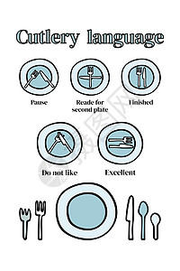 语言环境餐具语言礼仪 上的叉子和刀子 矢量插图蓝色信号餐桌菜单徽章刀具环境手势圆圈咖啡店插画