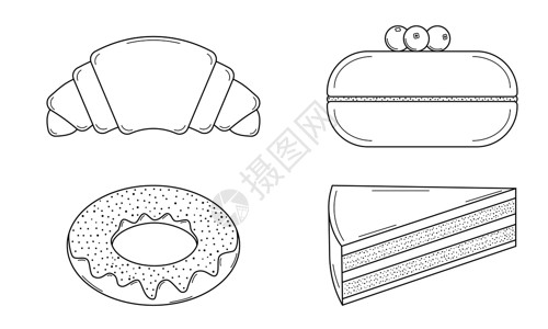 手绘牛奶面包手画的糖果制品 面包店甜点 面条风格 矢量等插画