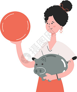 开着三轮的猪女性腰部深处握着一枚硬币 孤立的 演示内容 网站设计图片