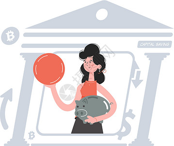 一名妇女手握着一枚硬币和一小袋储蓄银行 肩膀深厚的腰挺立背景图片