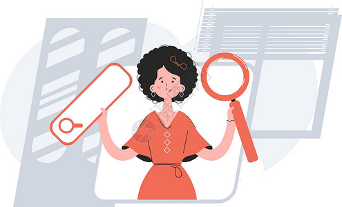 一位女士站在及齐腰的位置 手边有一个网络搜索栏 搜索 演示文稿 网站的元素设计图片