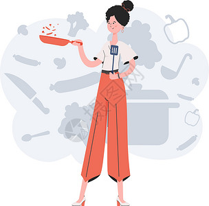 食物状态一位身处全面成长状态的妇女拿着煎锅 咖啡厅 演示材料要点 场地插画