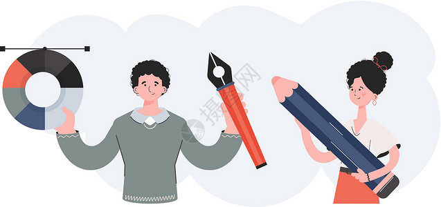 森女系一男一女系着腰带站着 手里拿着调色板和铅笔 设计 演示文稿 网站的元素设计图片