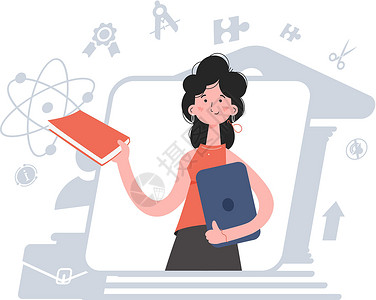 科学书一名妇女背着一本书和一张平板电脑站在深处 在线学校 演示内容 网站插画