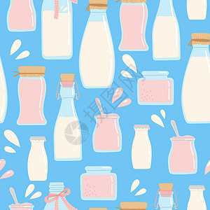 牛奶丝牛奶乳奶制品无缝丝型平板设计矢量营养插图奶制品玻璃卡通片瓶子全国产品酸奶农场插画