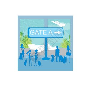 带父母旅游机场家庭酒店港口旅游光束蓝色行李女孩女士人群设计图片