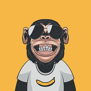 印花T恤矢量有趣的微笑黑猩猩猿与太阳镜和香蕉在他的 T 恤在黄色背景 墙壁艺术的快乐猴子 T 恤印刷品 海报 卡通可爱的黑猩猩猴子插画