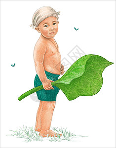 一个苍蝇穿短裤的可爱小男孩和一个大布洛克工厂 夏天 水彩画明信片插画