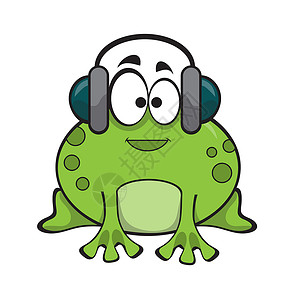 卡通青蛙用耳机监听音乐的青蛙很可爱 动画小动物插图很可爱背景