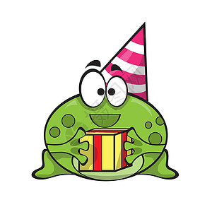 青蛙帽戴着派对帽的滑稽可爱的小青蛙 可爱的微笑快乐动物背景