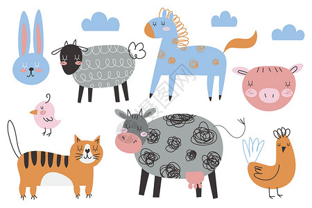 羊一驼动态表情可爱的农场动物收藏 牛 猪 羊的彩色矢量插图 具有纹理效果 孤立在白色背景上的彩色涂鸦绘图 带表情的家畜 EPS插画