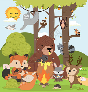 包米特色甜木林动物卡通画的特色季节卡通片兔子插图童年孩子宠物林地猫头鹰荒野插画