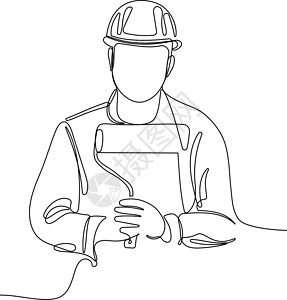 服装设计师使用平板电脑交流工作白种工人头戴头盔使用平板电脑专家员工男性团队木工工作制造业画线实线职场插画