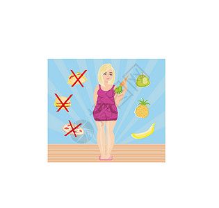 手拿香蕉女孩妇女在健康食品与不健康食品之间做出选择卡通片重量插图水果热狗肥胖饮食女性香椿禁令设计图片