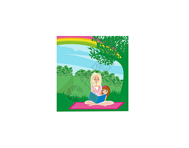 因果关系母亲和女儿一起读一本书长椅公园女性场景插图父母妈妈家庭彩虹喜悦设计图片