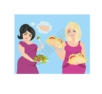 地沙拉妇女在健康食品与不健康食品之间做出选择沟通食物诱惑插图友谊女性八卦肥胖沙拉耳语插画
