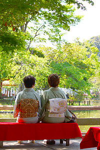 日本女服装女和服庭园情感花园风格康复古都文化新年景点背景图片