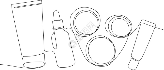 女士用品最低限度的皮肤护理概念自然草药补救拼贴画线条芦荟奶油吸管蜂蜜木头贵宾头发一条线插画