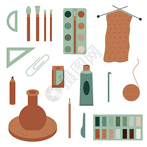 编织材料一套兴趣爱好和手工艺工具 用粘土 塑料 绘画和编织制作模型插画