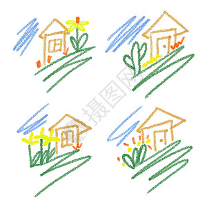 粉笔房子以涂鸦风格的多彩铅笔设置儿童绘画插画