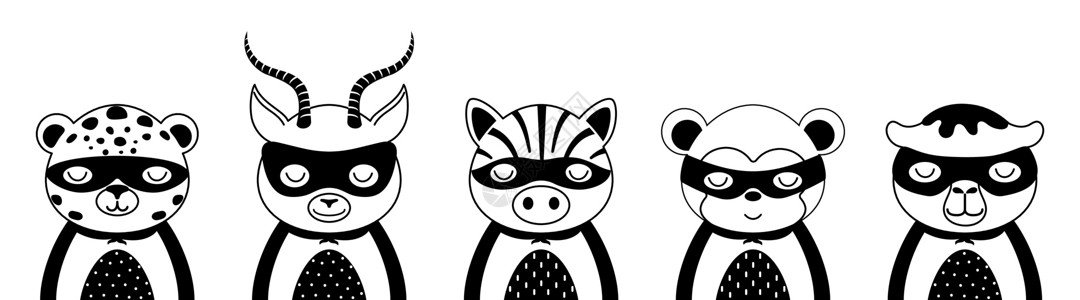 可爱的超级英雄人物动物 设计儿童 T 恤 幼儿园装饰 贺卡 斯堪的纳维亚风格的可爱角色 黑白套捷豹汽车 瞪羚 斑马 猴子 骆驼背景图片