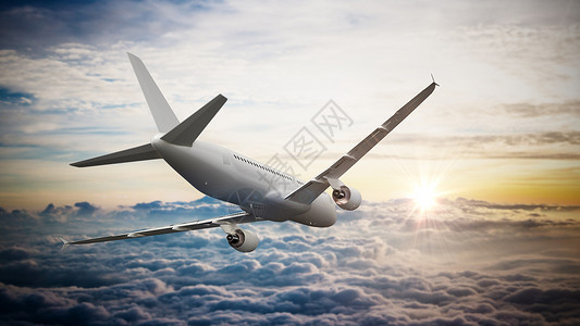 空中商业飞机飞越云层上空 3D 插图高清图片