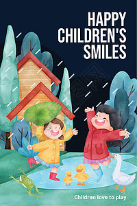 pinterest具有儿童雨季概念 水彩风格的 Pinterest 模板乐趣雨滴插图社区孩子们季节活动天气媒体营销插画