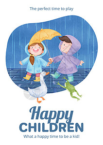 女孩和伞带儿童雨季概念 水彩色风格的海报样板靴子水彩插图天气卡通片雨衣季节天空衣服女孩插画
