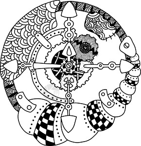坦普斯基亚史坦普克黑白指南针 孤立在白色背景绘画涂鸦细线圆圈引擎车轮金属古董填色本技术设计图片