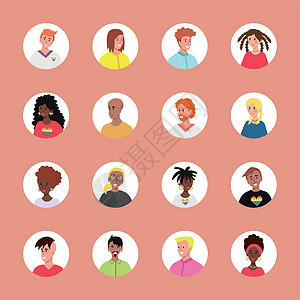 阿拉伯头巾一组 16 个带有年轻人面孔的圆圈化身 不同种族和国籍 女性和男性的形象 用户配置文件图标集 圆形徽章与快乐的人矢量工人男人插图设计图片