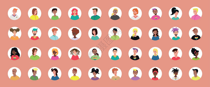 阿拉伯头巾一组 40 个带有年轻人面孔的圆圈化身 不同种族和国籍 女性和男性的形象 用户配置文件图标集 圆形徽章与快乐的人-矢量设计图片
