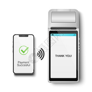 销项矢量 3d NFC 支付机和智能手机 支付成功 批准的交易 POS 终端 机器 电话隔离 银行支付无线非接触式终端设计模板 样机设计图片