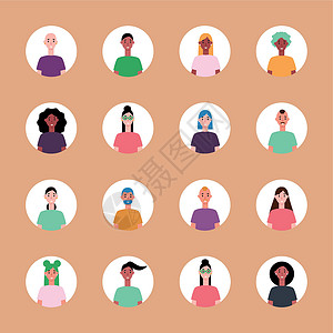 阿拉伯头巾一组 16 个带有年轻人面孔的圆圈化身 不同种族和国籍 女性和男性的形象 用户配置文件图标集 圆形徽章与快乐的人矢量潮人工人团体设计图片