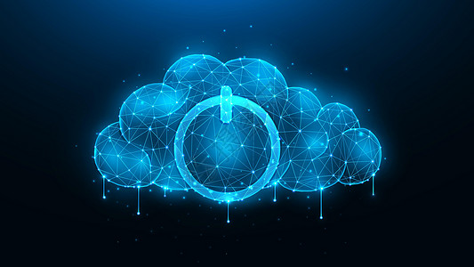 云层计算和数据存储的概念 在暗蓝色背景上 显示一个带有电源符号的云团的多边矢量说明设计图片