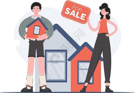 一个男人和一个女人站在完全成长的地方 展示着一栋待售的房子 房屋销售 平面样式 演示文稿 网站的元素设计图片