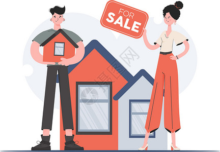 一男一女正站在一个销售牌子的完全成长中 出售房屋 平板风格 演示内容 网站背景图片