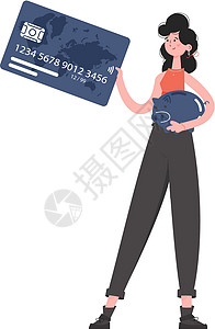 拿着信用卡在客厅网购的女生一个女人站在完全成长的地方 手里拿着一个存钱罐和一张信用卡 孤立 平面样式 演示文稿 网站的元素设计图片