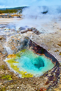 黄石公园中含硫蒸汽的蓝色和绿色热水池高清图片