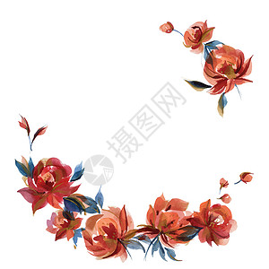 蓝玫瑰和橙玫瑰花圈在科特格民间潮流中情调卡片异国插图橙子花环框架水彩花束农村插画