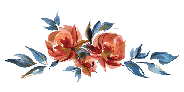 玫瑰甜筒小花束蓝玫瑰和橙色玫瑰 在民间科特格趋势中邀请函设计橙子树叶民间农村作品花园国家植物插画