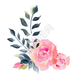 玫瑰甜筒小花束玫瑰花束 水彩花花的成分菜单花环插图热带情调花园问候语暗紫色设计边界插画