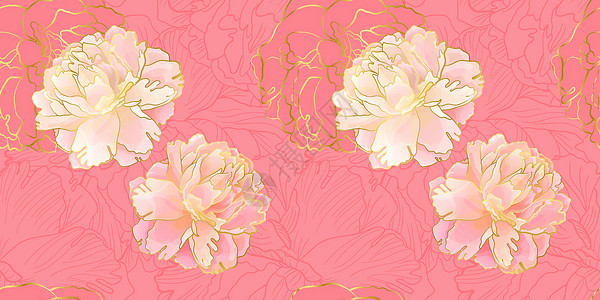 牡丹墙纸黄金和温柔的粉红小马无缝模式插画