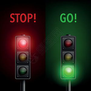 矢量 3d 逼真详细道路交通灯图标集隔离 安全规则概念 设计模板 红绿灯 用红灯和黄灯打开交通灯 交通灯概念横幅网络图表卡片黄色背景图片