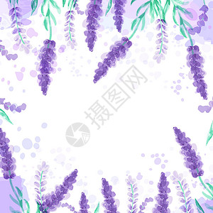 法国普罗旺斯小镇含花朵的淡紫背景 水彩色仿制设计 配有油漆喷洒图示插画