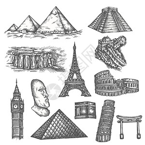 金字塔景点素描风格的世界名胜 世界著名景点 旅行套装包括金字塔 埃菲尔铁塔 斗兽场和巨石阵 在白色上隔离的矢量线插图设计图片