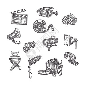相机磁带电影的矢量草图 白色背景上的手画 娱乐艺术手工绘画装饰图标集设计图片