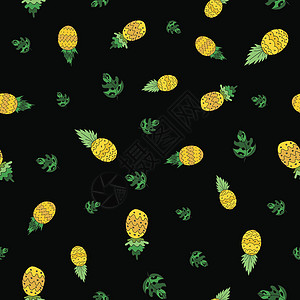 黑背景上的菠萝无缝向量模式背景图片